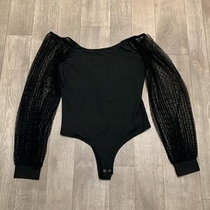 Pinkm‎ Style Black Goth Sheer Polka Dot Sleeve Off Shoulder Shirt Bodysuit